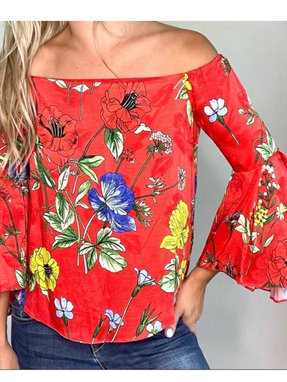 Alice + Olivia Shera Silk Red Off-Shoulder Floral Bell-Sleeve Top NWT SZ M